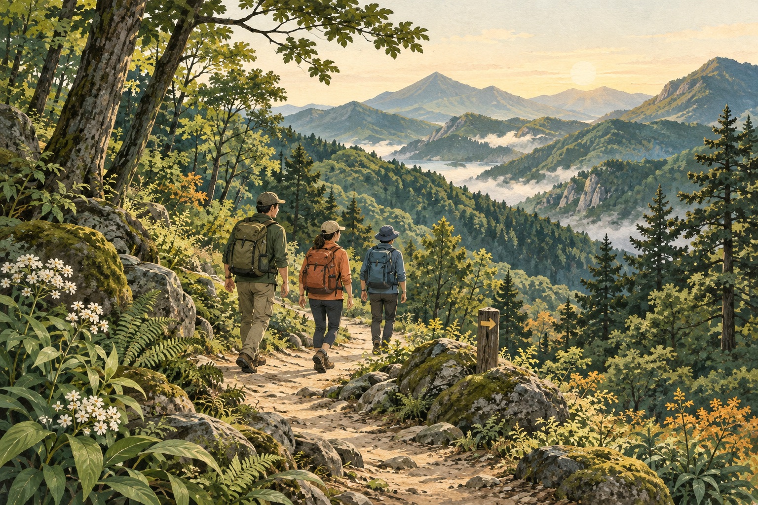 三位徒步者沿山间步道一起行走的原创场景插画